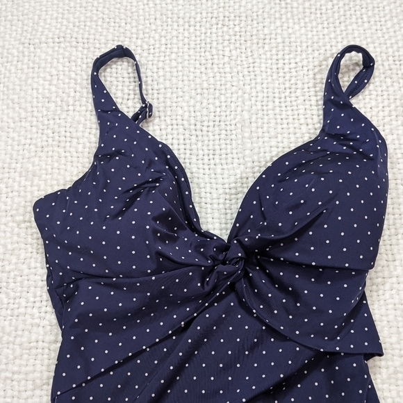 Retro Pin-Up David Swimwear Blue Polka Dot One Piece Luxe Swimsuit Size 10 - Picture 6 of 8